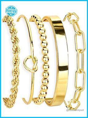 14K Gold Plated Stainless Steel Chunky Cuff & Stackable Bracelet Set for Women
